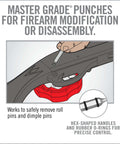 Accu Punch 11 Piece Roll Pin Punch Set used for firearm modification, shows a hex-shaped handle with rubber O-rings for precise control.
