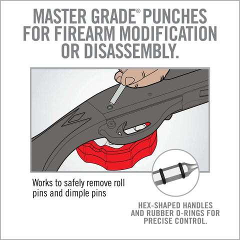 Accu Punch 11 Piece Roll Pin Punch Set used for firearm modification, shows a hex-shaped handle with rubber O-rings for precise control.