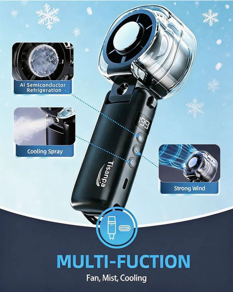 Portable Handheld Turbo Fan On The Go With Ice Cooling And 45ml Mist Tank, Instant 60F Chill, USB Rechargeable, black design
