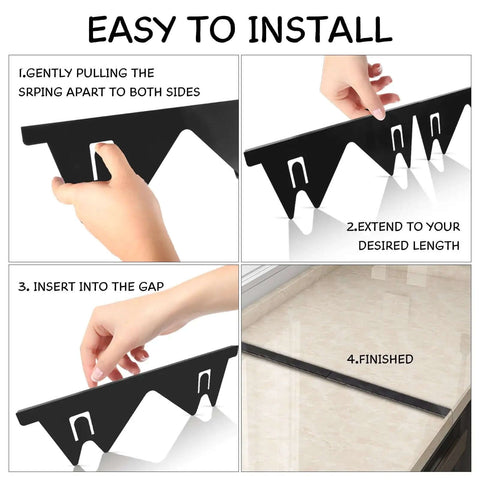 Installation steps for two pack stove gap covers, adjustable from 13.8 to 27.5 inches, heat resistant and easy clean gap filler.