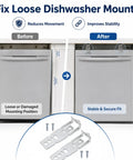 Before and after image of Heavy Duty Stainless Steel Dishwasher Mounting Bracket Kit With 2 Pack Screws showing improved stability.