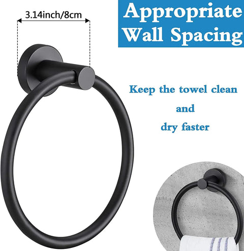 Matte Black Towel Ring For Bathroom And Kitchen Wall Mount, Heavy-Duty Stainless Steel Towel Holder with wall spacing diagram