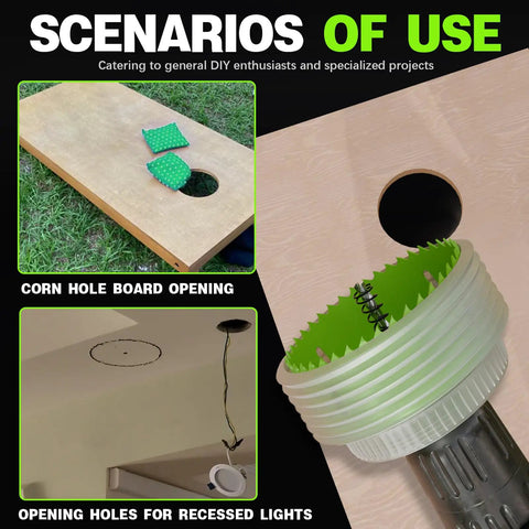 6 Inch Hole Saw For Recessed Lights With Dust Bowl Catcher, images of use scenarios for cornhole boards and ceiling lights