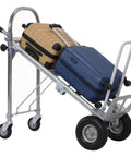 2 In 1 Industrial Stair Climbing Cart Folding Hand Truck With Heavy Duty Aluminum Frame, 1000 Lbs Capacity On Floors And 550 Lbs On Stairs, Tri Wheel Climber With Universal Casters, Portable, Durable, And Easy To Store. Folding stair-climbing cart with two suitcases