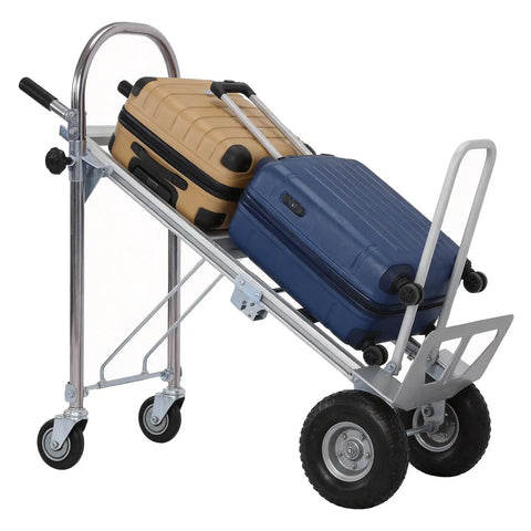 2 In 1 Industrial Stair Climbing Cart Folding Hand Truck With Heavy Duty Aluminum Frame, 1000 Lbs Capacity On Floors And 550 Lbs On Stairs, Tri Wheel Climber With Universal Casters, Portable, Durable, And Easy To Store. Folding stair-climbing cart with two suitcases