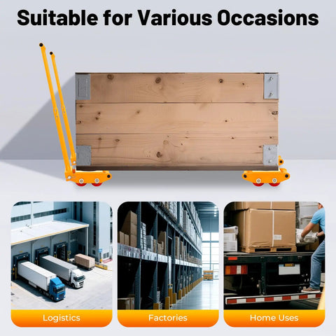 Premium 4 Pack Heavy Duty Machinery Mover Skates With 6 Ton Capacity under wooden crate for factory moves and logistics.