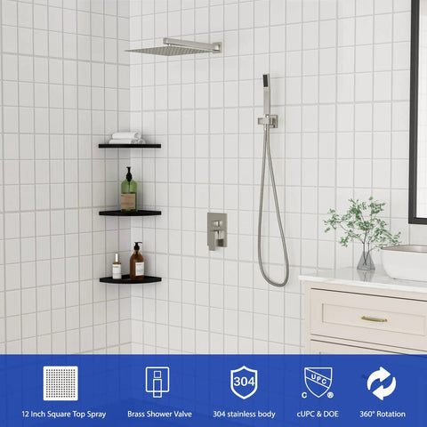Dcolora 10 Inch Rain Shower System with Handheld Shower featuring 12 inch square top spray and 304 stainless body.