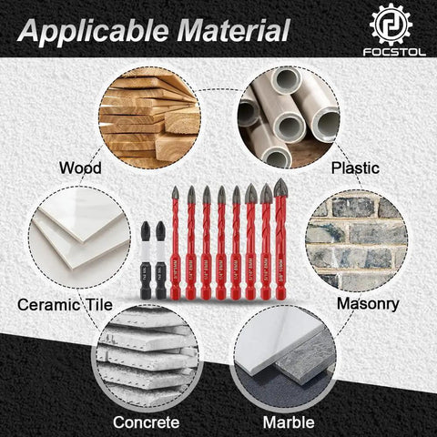 Diamond Drill Bits Set 10pc For Wood Plastic Masonry Tile Glass Ceramic From FOCSTOL showing applicable materials