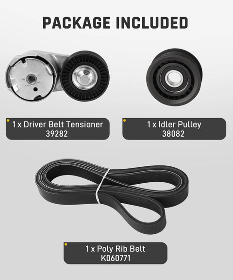 90K-39282D All In One Serpentine Belt Drive Component Kit For 3.6L V6 Chrysler Dodge Cars 2011 To 2019 Includes Drive Belt Tensioner 39282 And Idler Pulley 38082 For Town And Country Grand Caravan Journey Avenger Ram C V, kit parts