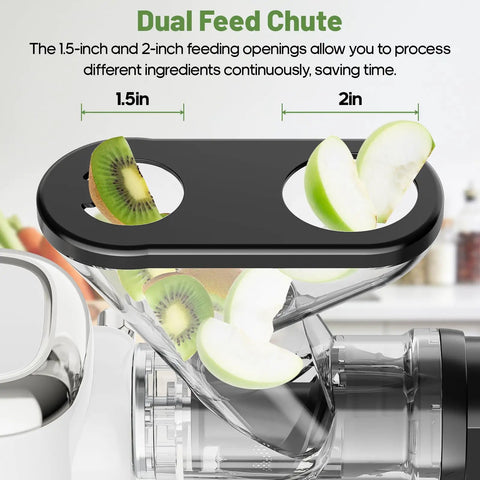 GVODE Electric Cold Press Juicer Masticating With Dual Feed Chute 700W Powerful Motor showing dual openings for efficient ingredient prep.