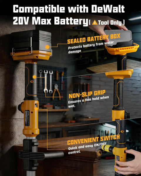 Cordless Water Transfer Pump With Brushless Motor, 720 GPH Portable Utility Pump showing sealed battery box and grip