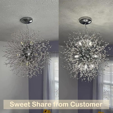 Crystal Sputnik Chandelier With Dandelion Firework Style, Dope 12 Light Modern Pendant Fixture for Living Room, dimmable