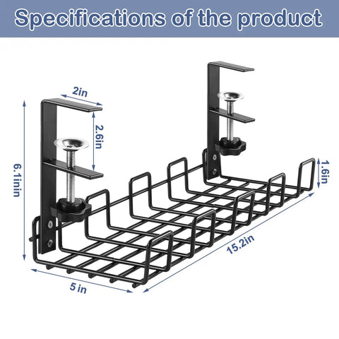 2 Pack No Drill Under Desk Cable Management Tray Set With Adjustable Removable Cord Organizer And Clamp Rack, dimensions shown
