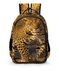 Wild Leopard Print Backpack For Everyone with front leopard image, large capacity, durable polyester, unisex for school, travel, work.