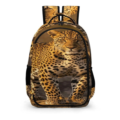 Wild Leopard Print Backpack For Everyone with front leopard image, large capacity, durable polyester, unisex for school, travel, work.