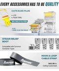 CAT6 RJ45 plug and accessories from 9-in-1 Ethernet Crimping Tool Kit With Pass-Through RJ45 And RJ11, showing strain relief boot and hook and loop cable strap.