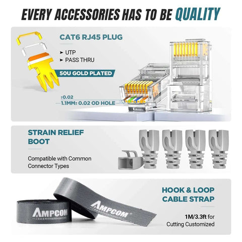 CAT6 RJ45 plug and accessories from 9-in-1 Ethernet Crimping Tool Kit With Pass-Through RJ45 And RJ11, showing strain relief boot and hook and loop cable strap.