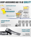 Cat6 RJ45 plug with gold plating and strain relief boots alongside Ampcom hook and loop cable strap