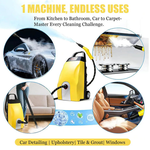 Heavy Duty 3000w Steam Cleaner Engine Wash Multi Purpose Commercial Grade Steamer with six accessories used for car detailing.