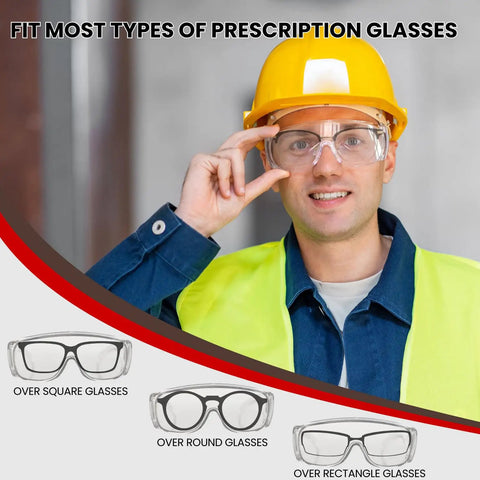 Man wearing Over Eyeglasses Safety Goggles 50 Pack With Anti Fog And Anti Scratch Lenses, ANSI Z87.1 Certified for construction.
