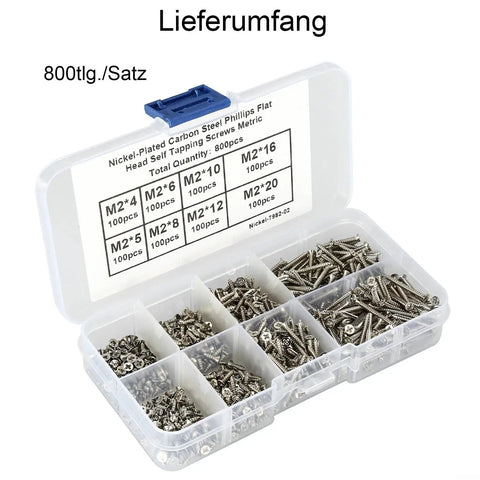 Stainless Steel Chipboard Screws With Partial Thread For Wood And Furniture Assembly Heavy Duty 3 To 6 Millimeter Diameter Resistant DIY Hardware For Home Improvement Secure Fastening For Cabinets And Shelves M2 Size Pack Of 800 shown in plastic box