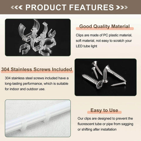 U Clip Tube Light Holder Bracket Set For LED Fluorescent Tubes, Plastic Pipe Clamps With Screws For No Fuss Ceiling Or Wall Mounts