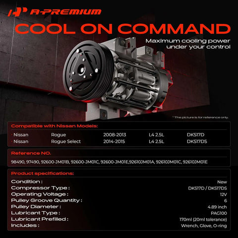 No Hassle Turnkey Air Conditioner AC Compressor With Clutch For Nissan Rogue 2.5L 2008 Through 2013 And Rogue Select 2014 2015 Dks17d Dks17Ds shown close-up with six groove pulley.