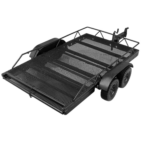 Heavy Duty RC Car Trailer And Cargo Hauler For Scx10 Scale Crawlers Bulletproof Aluminum Build with mesh surface and dual axles.