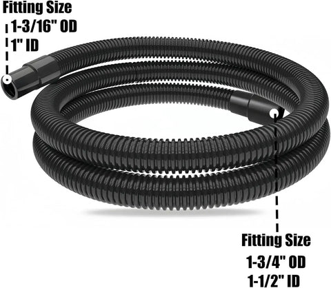 Ultimate Dust Collection Hose Kit with 10-ft hose showing 1-3/16" OD and 1" ID, fits woodworking tools and shop vacuums