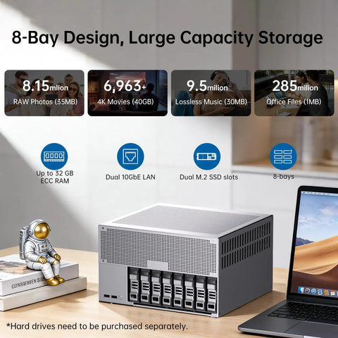 Eight Bay Desktop Nas Tower Armed With Intel Core Ultra 9 Chipset And Thirty Two Gb Ram serving large capacity storage with 10GbE LAN.