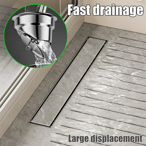 Heavy Duty Brushed Stainless Steel Linear Shower Drain With Reversible Cover And Removable Grate For Custom Tile Trim And Slick Low Profile Bath Floor Drainage, showing drain installation with fast water flow.