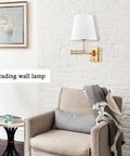 Gold Swing Arm Wall Lamp With Brass Finish And Linen Shade Two Pack Plug In Or Hardwired For Bedroom Bedside Reading Light