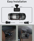 Installation diagram of 4K Front And Rear Dash Cam With WiFi And App Control For Cars and close-up views of cameras in a car.