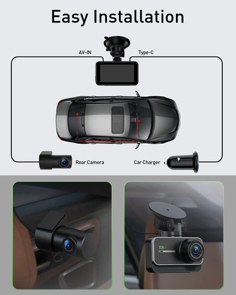 Installation diagram of 4K Front And Rear Dash Cam With WiFi And App Control For Cars and close-up views of cameras in a car.