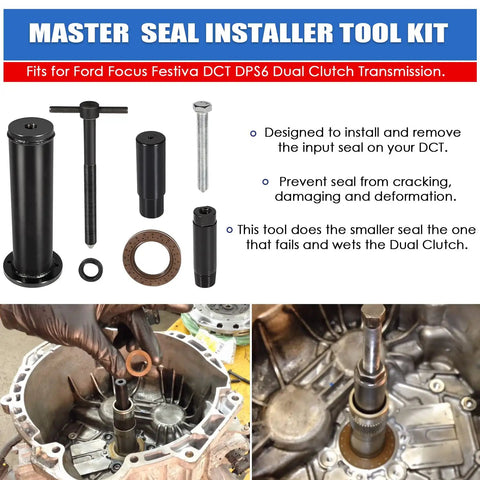 Pro Grade Dual Clutch Transmission Seal Installer And Remover Tool Kit For Ford DCT DPS6 Focus Festiva DIY Auto Repair Easy Fit And Durable Comprehensive Set displayed with tools and transmission parts