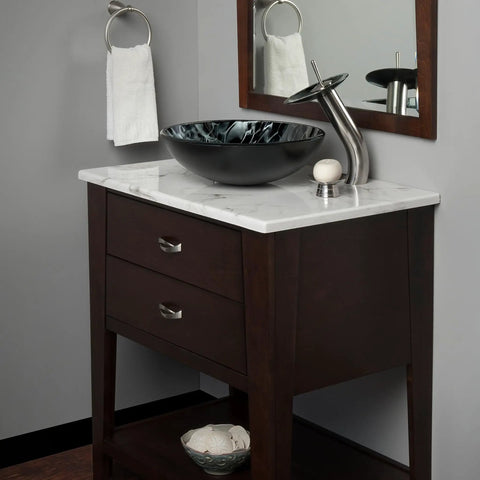 Tartaruga Dope Round Glass Vessel Sink Hand Painted Black And Silver Tempered Glass for above counter bathroom install on a vanity