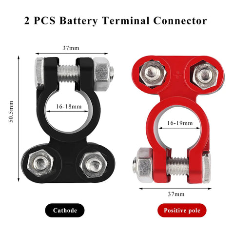 Beefy Battery Terminal Connectors With Anticorrosion Washers And Color Coded Top Post Clamps, black and red, 2 pcs, 37mm size.