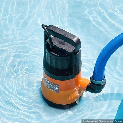 Heavy Duty Submersible Water Pump With 25 Foot Hose Offering One Point Two Horsepower And Five Thousand Gallons Per Hour Output in pool water.