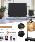 Farmhouse Rattan Table Lamps Set of 2 with Boho Vibe, Touch Control Bedside Lamps, USB ports and AC outlet charging a laptop