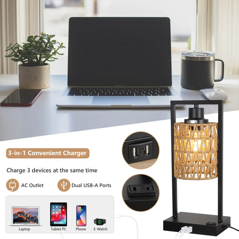 Farmhouse Rattan Table Lamps Set of 2 with Boho Vibe, Touch Control Bedside Lamps, USB ports and AC outlet charging a laptop