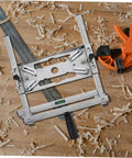 Heavy Duty Adjustable Cutting Machine Support Frame With Edge Guide Positioner, silver steel, level tool on wood table