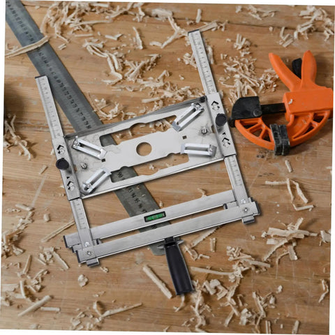 Heavy Duty Adjustable Cutting Machine Support Frame With Edge Guide Positioner, silver steel, level tool on wood table