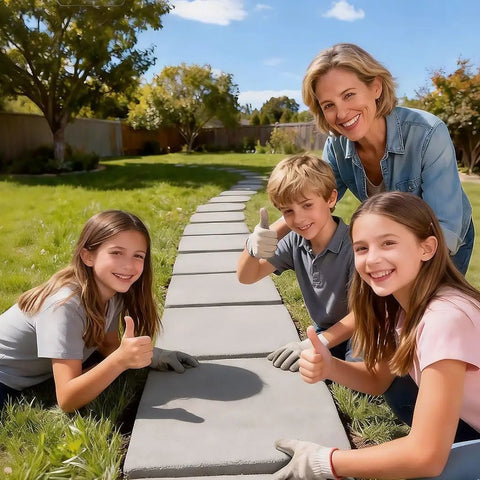 Family using 3 Piece Stepping Stone Molds For Concrete Pavers Square 12 By 12 Inch With 1.73 Inch Depth Dope Garden Path Kit in backyard