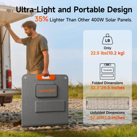 Man carrying lightweight 400W Portable Solar Panel For Power Station Power Up On The Go High Efficiency Twenty Four Percent Etfe Foldable Charger