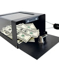 Heavy Duty Steel Countertop Tip Box With Combo Cable Lock Secure Cash Collection Jar for secure cash storage with bills visible.