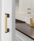 Gold And Black Cabinet Handles Pack Of 10 Slick Brushed Brass Look Drawer Pulls For Kitchen Bath And Bedroom Furniture Three And Three Quarters Inch Hole Centers 96 mm Durable Zinc Alloy With Stainless Steel Tube Core on modern kitchen cabinets