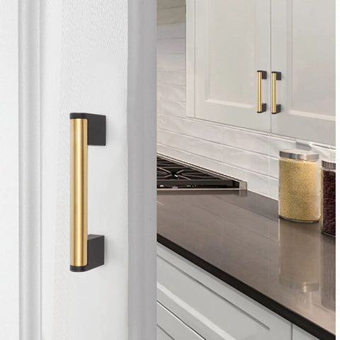 Gold And Black Cabinet Handles Pack Of 10 Slick Brushed Brass Look Drawer Pulls For Kitchen Bath And Bedroom Furniture Three And Three Quarters Inch Hole Centers 96 mm Durable Zinc Alloy With Stainless Steel Tube Core on modern kitchen cabinets