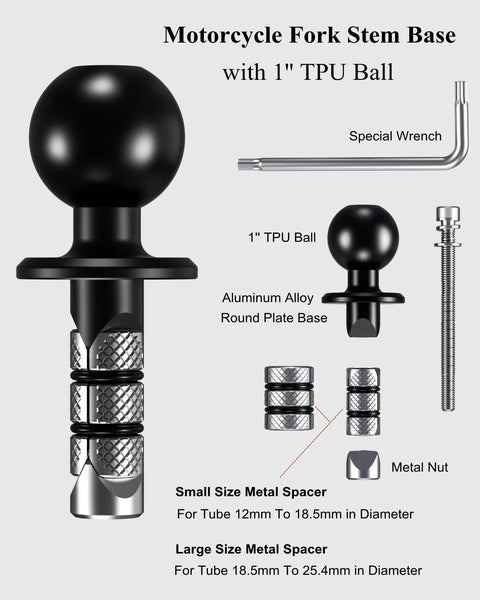 Beefy Metal Motorcycle Fork Stem Mount Base With 1 Inch TPU Ball For Stem Holes 12mm To 25.4mm Includes Dual Spacer Set