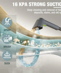 16Kpa strong suction demonstration of Slick Steam Portable Carpet And Upholstery Cleaner with cleaning spray, brush, and suction features.