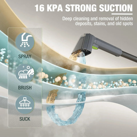16Kpa strong suction demonstration of Slick Steam Portable Carpet And Upholstery Cleaner with cleaning spray, brush, and suction features.